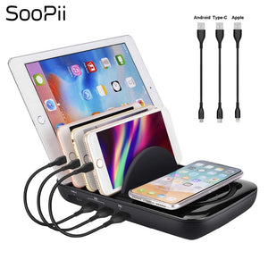 fast charger Multi port charging station with wireless and 3 pcs cables for iPhone Samsung Huawei Xiaomi - virtualdronestore.com